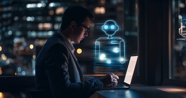 Office worker with AI virtual representation assisting him