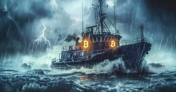 A bitcoin ship at sea during a storm