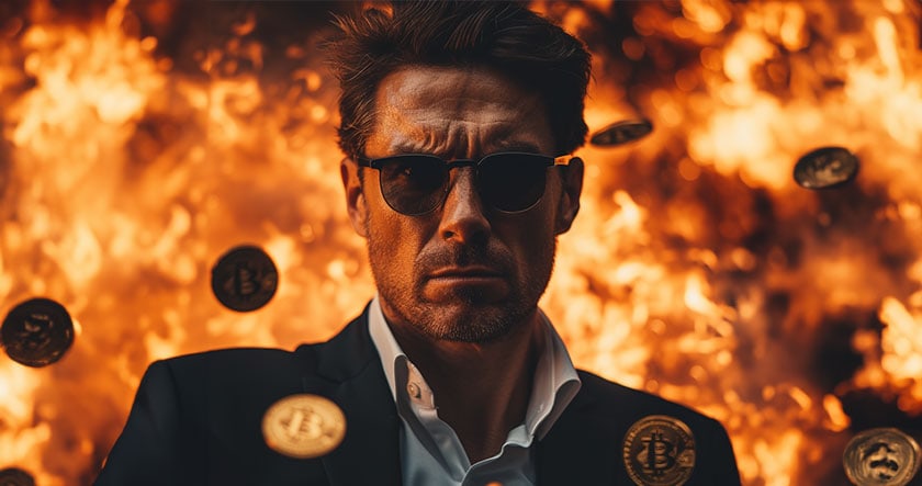 Man with explosion behind and Bitcoin tokens