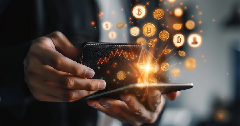 Cryptocurrency coming out of a wallet