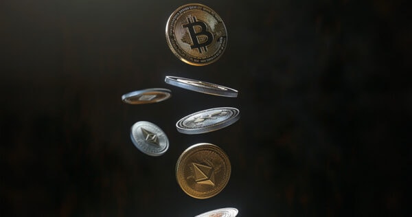 Crypto token coins falling from above