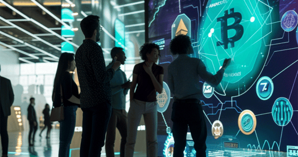 Digital investors looking at holographic screen