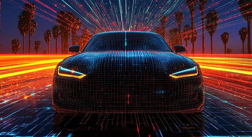 Car with futuristic blockchain design