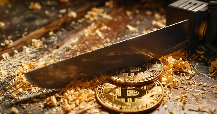 Bitcoin token cut in half with saw