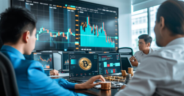 Office workers looking at Bitcoin and cryptocurrency charts